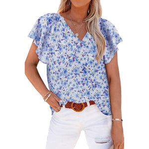 Women's Floral Printed V-neck Pullover Chiffon Shirt Top