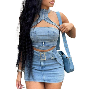 Washed Stretch Denim Halter Zipper Casual Skirt Suit