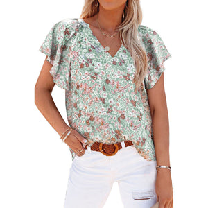 Women's Floral Printed V-neck Pullover Chiffon Shirt Top