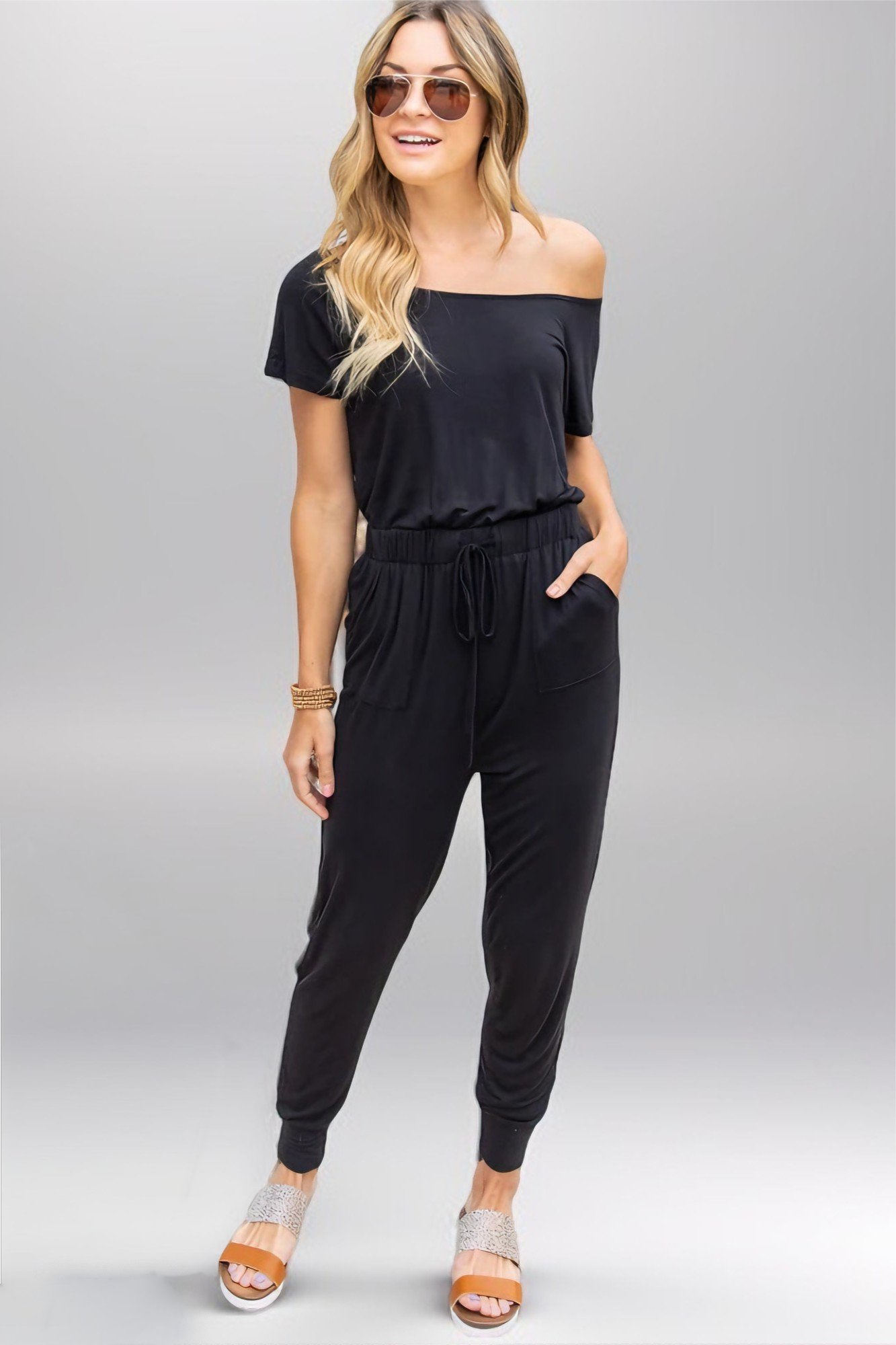 Slanted Shoulder Short Sleeve Pocket Female  Trousers  Shorts