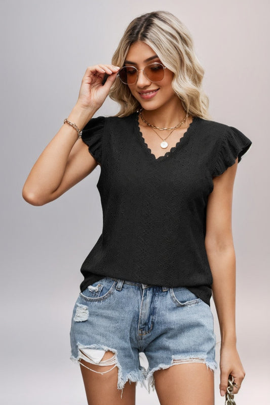 European And American V-neck T-shirt Hole Hollow-out Short-sleeved Casual Top