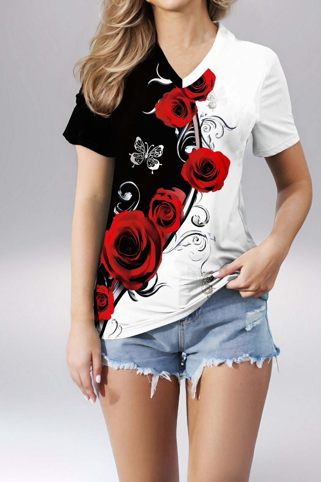 Flutter V-Neck Rose Tee