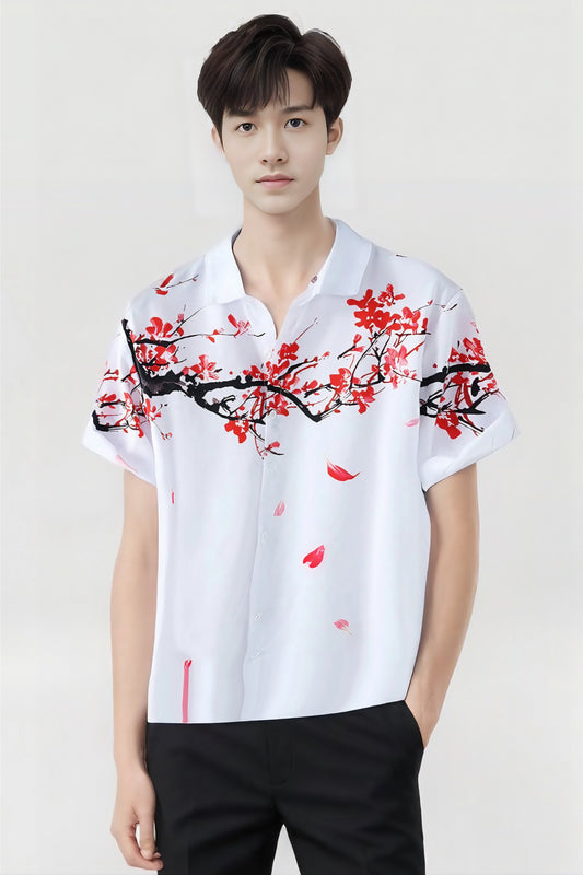 Men's Casual Ink Painting Plum Short Sleeve Shirt