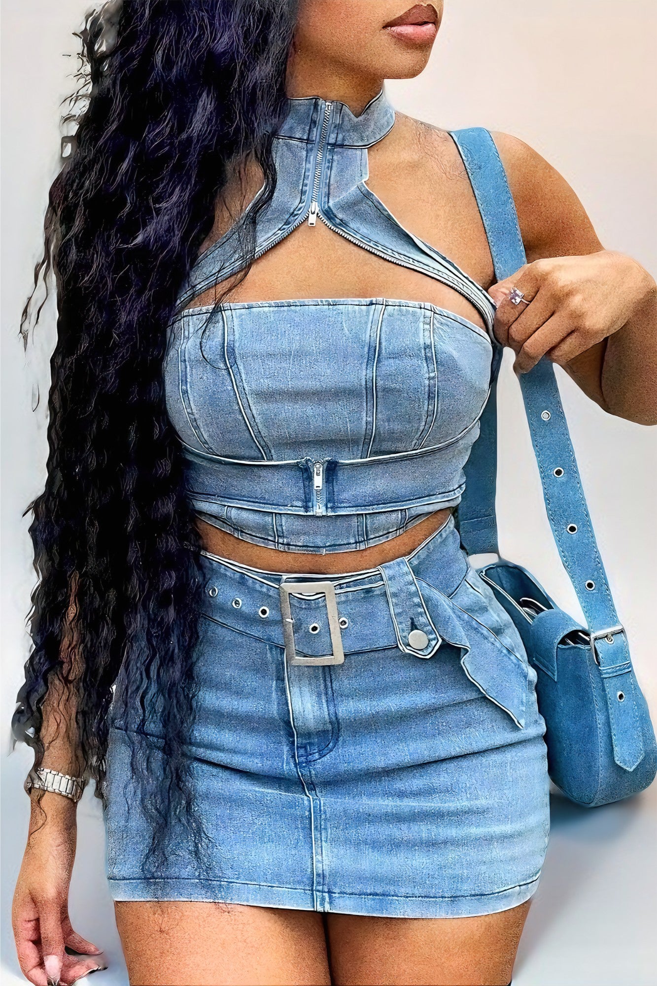 Washed Stretch Denim Halter Zipper Casual Skirt Suit