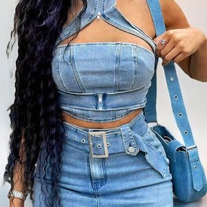 Washed Stretch Denim Halter Zipper Casual Skirt Suit