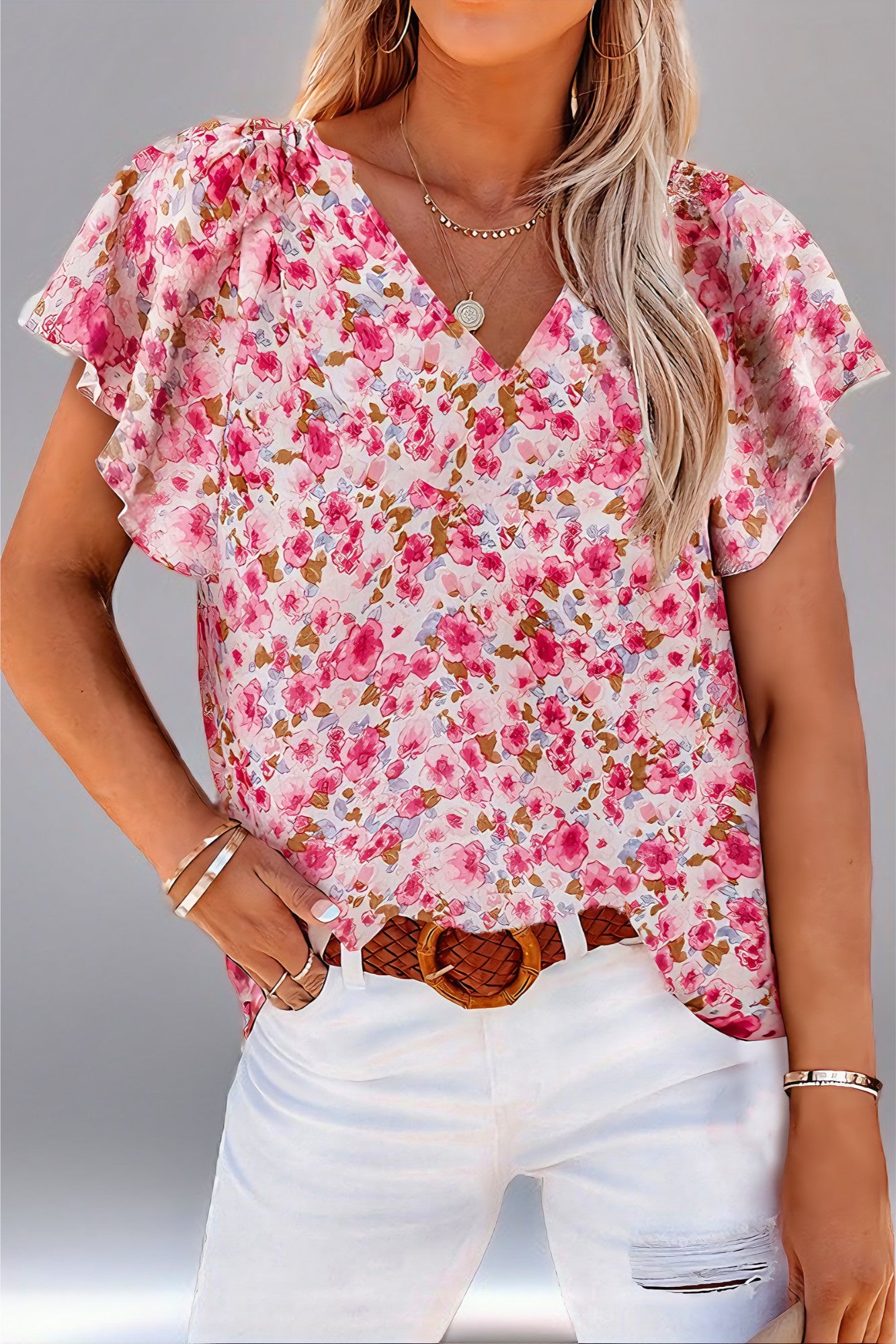 Women's Floral Printed V-neck Pullover Chiffon Shirt Top