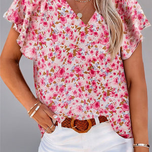 Women's Floral Printed V-neck Pullover Chiffon Shirt Top