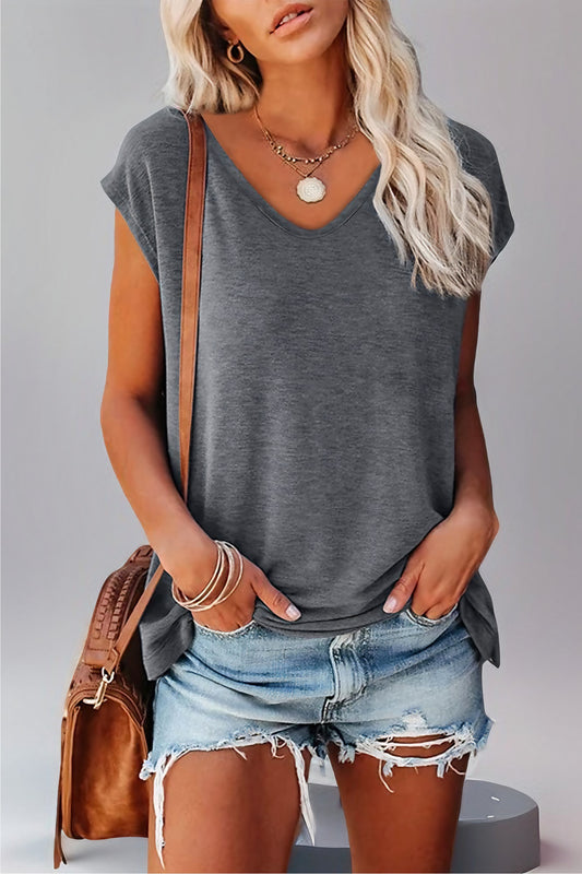 Women's Cap Sleeve V-neck Solid Color Casual Loose-fitting T-shirt