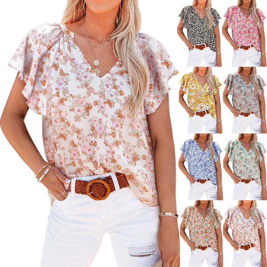 Women's Floral Printed V-neck Pullover Chiffon Shirt Top