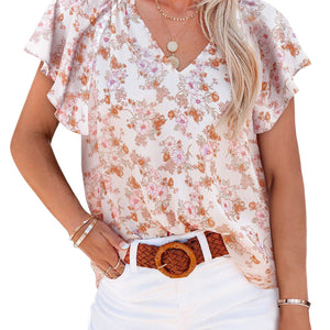 Women's Floral Printed V-neck Pullover Chiffon Shirt Top